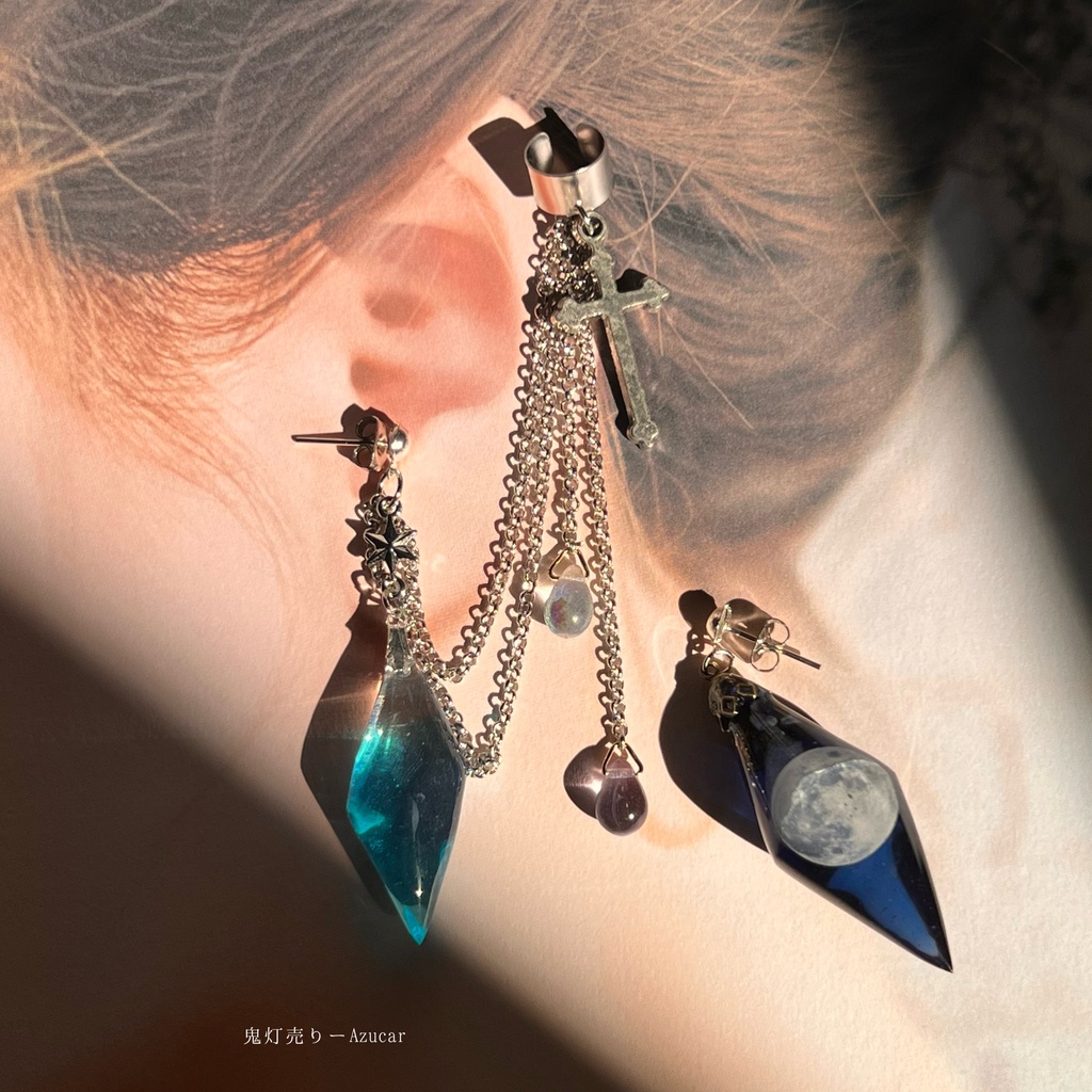 空色の鉱物イヤーカフと満月ペンデュラム 十字架と雫付き★