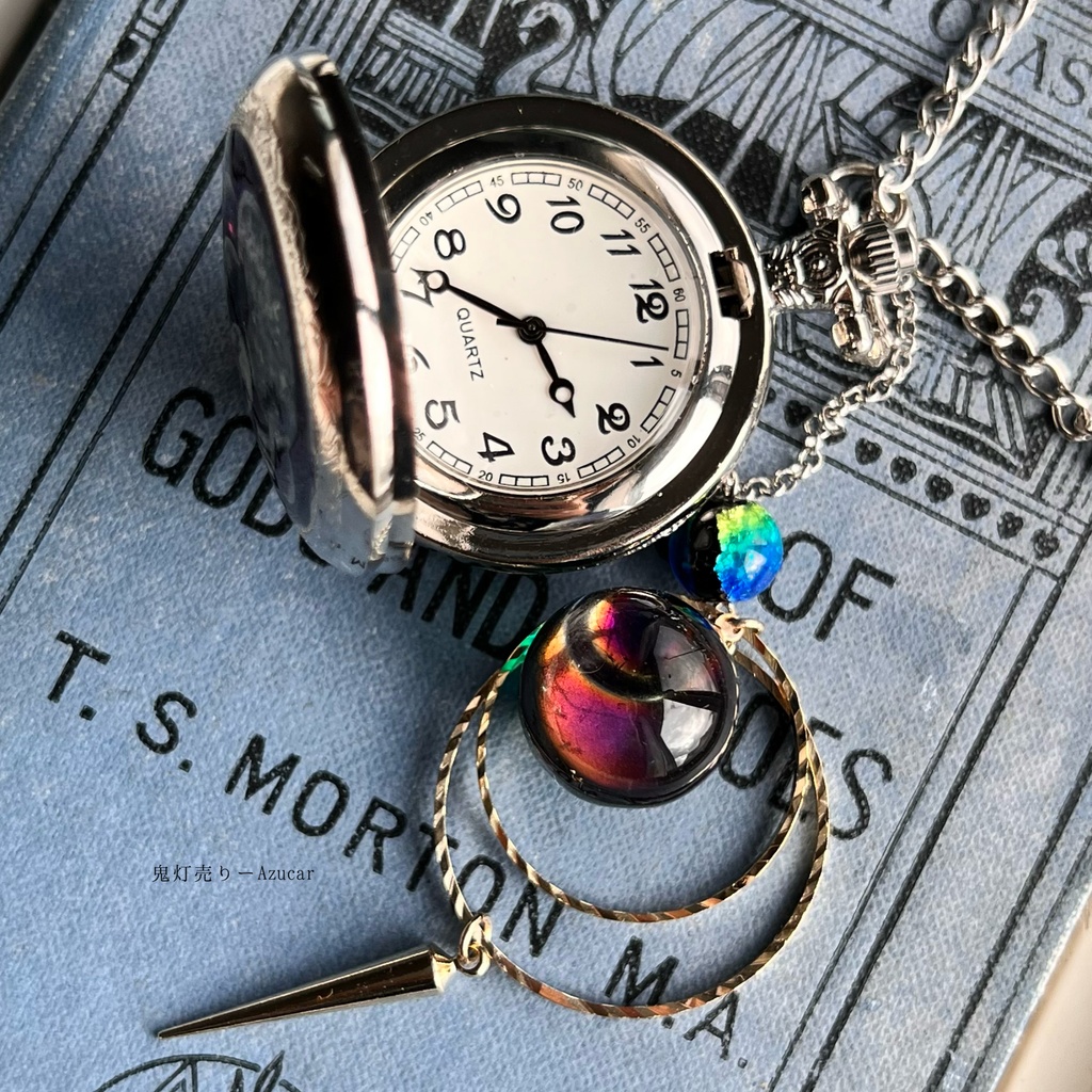 蓄光懐中時計の天体魔法使いの月の満ち欠け(三日月天球儀付き)★シルバーテイスト★