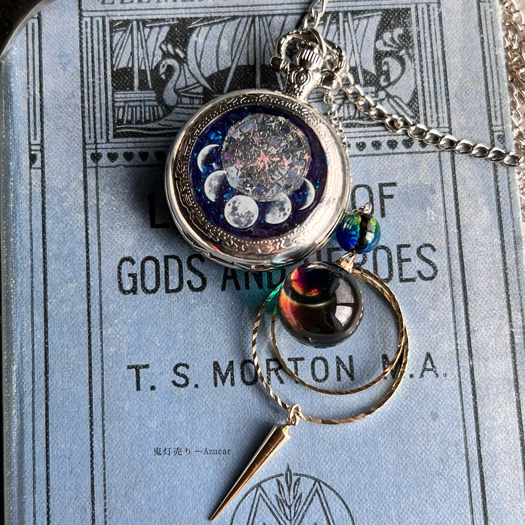 蓄光懐中時計の天体魔法使いの月の満ち欠け(三日月天球儀付き)★シルバーテイスト★