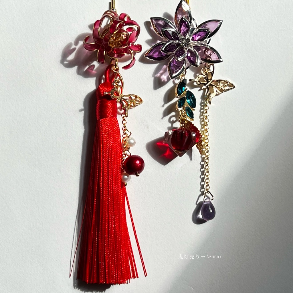 紅彼岸花と鬼灯と蓮の和風ピアス イヤリング 蝶々と淡水パール、ロングタッセル付き 着物や袴 成人式の和装小物にも★