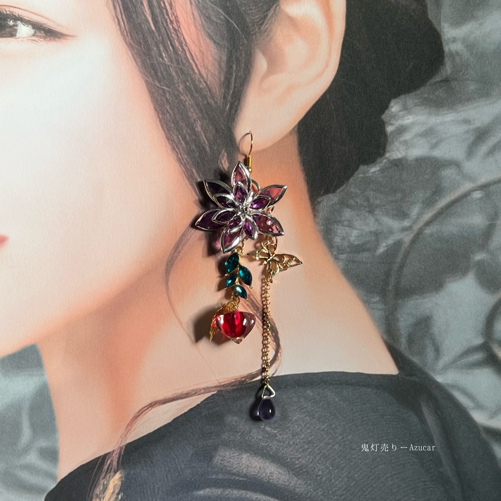 紅彼岸花と鬼灯と蓮の和風ピアス イヤリング 蝶々と淡水パール、ロングタッセル付き 着物や袴 成人式の和装小物にも★