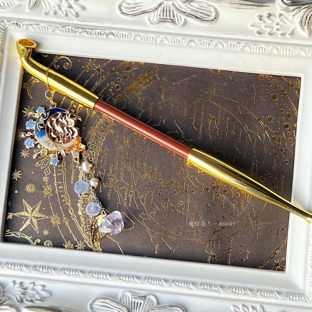 狐の煙管かんざし 蒼彼岸花柄の九尾狐と鬼灯と蒼の曼珠沙華柄の和風簪 淡水パール 着物や浴衣、袴などセレモニー、成人式、イベントやコスプレ、ディスプレイなどにも☆