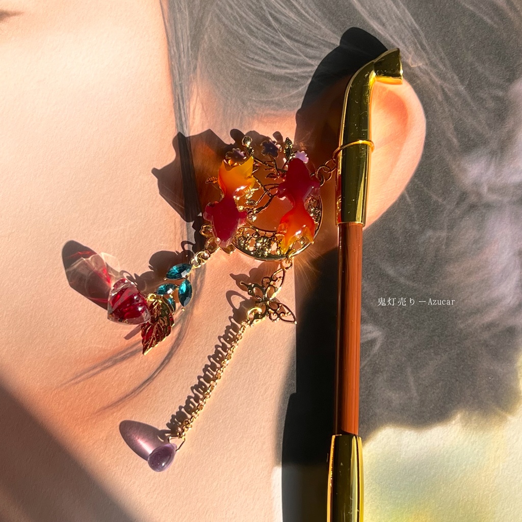 金魚と鬼灯の煙管かんざし 和風簪 着物や浴衣、袴などセレモニー、成人式、イベントやコスプレ、ディスプレイなどにも☆(紅version)