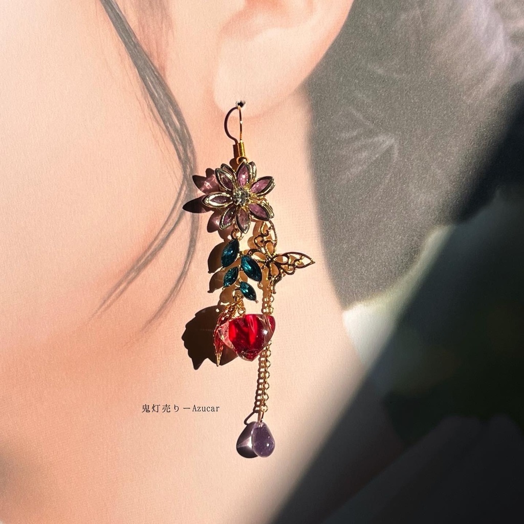 椿と鬼灯と蓮の和風ピアス イヤリング 蝶々と淡水パール、ロングタッセル付き 着物や袴 成人式の和装小物にも★