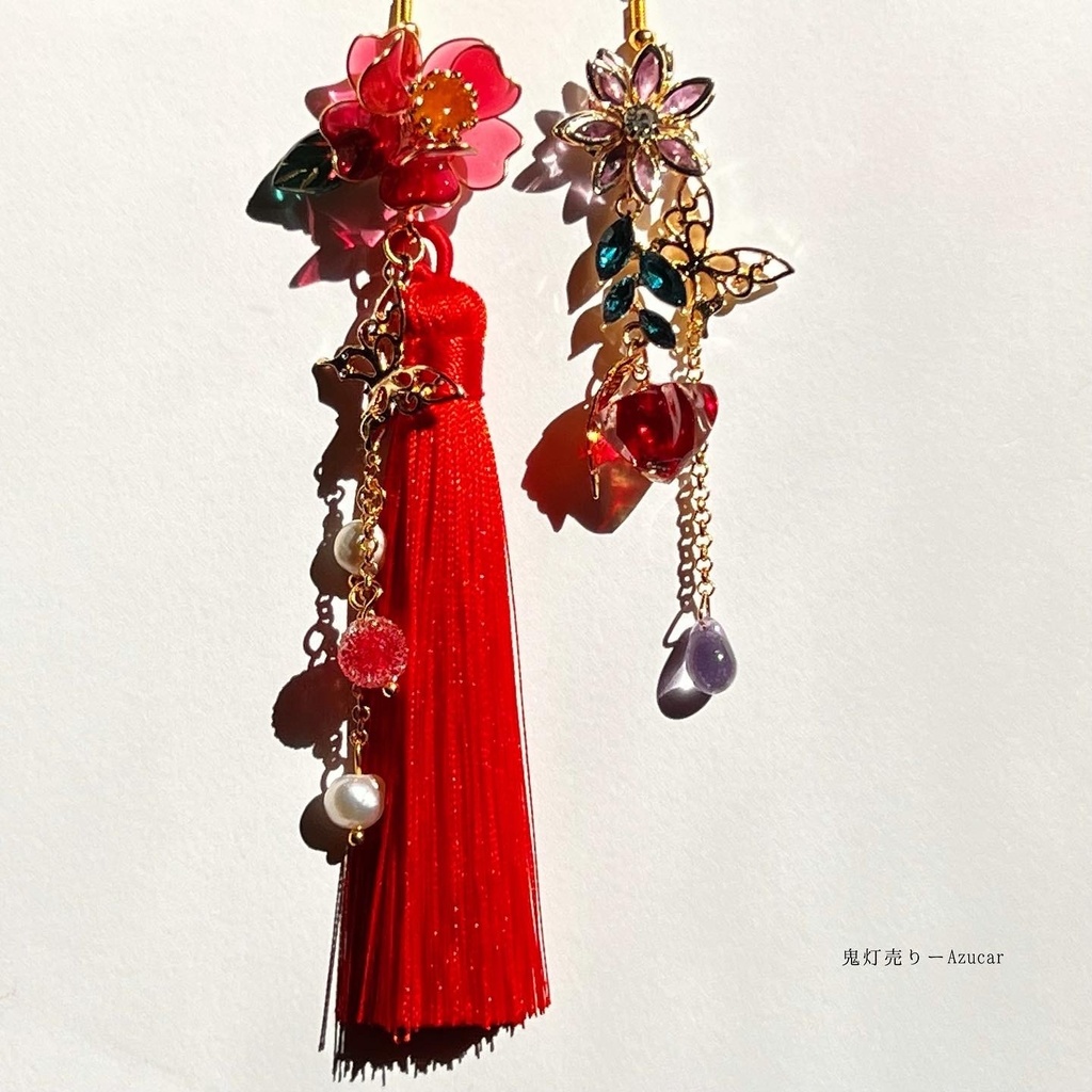 椿と鬼灯と蓮の和風ピアス イヤリング 蝶々と淡水パール、ロングタッセル付き 着物や袴 成人式の和装小物にも★
