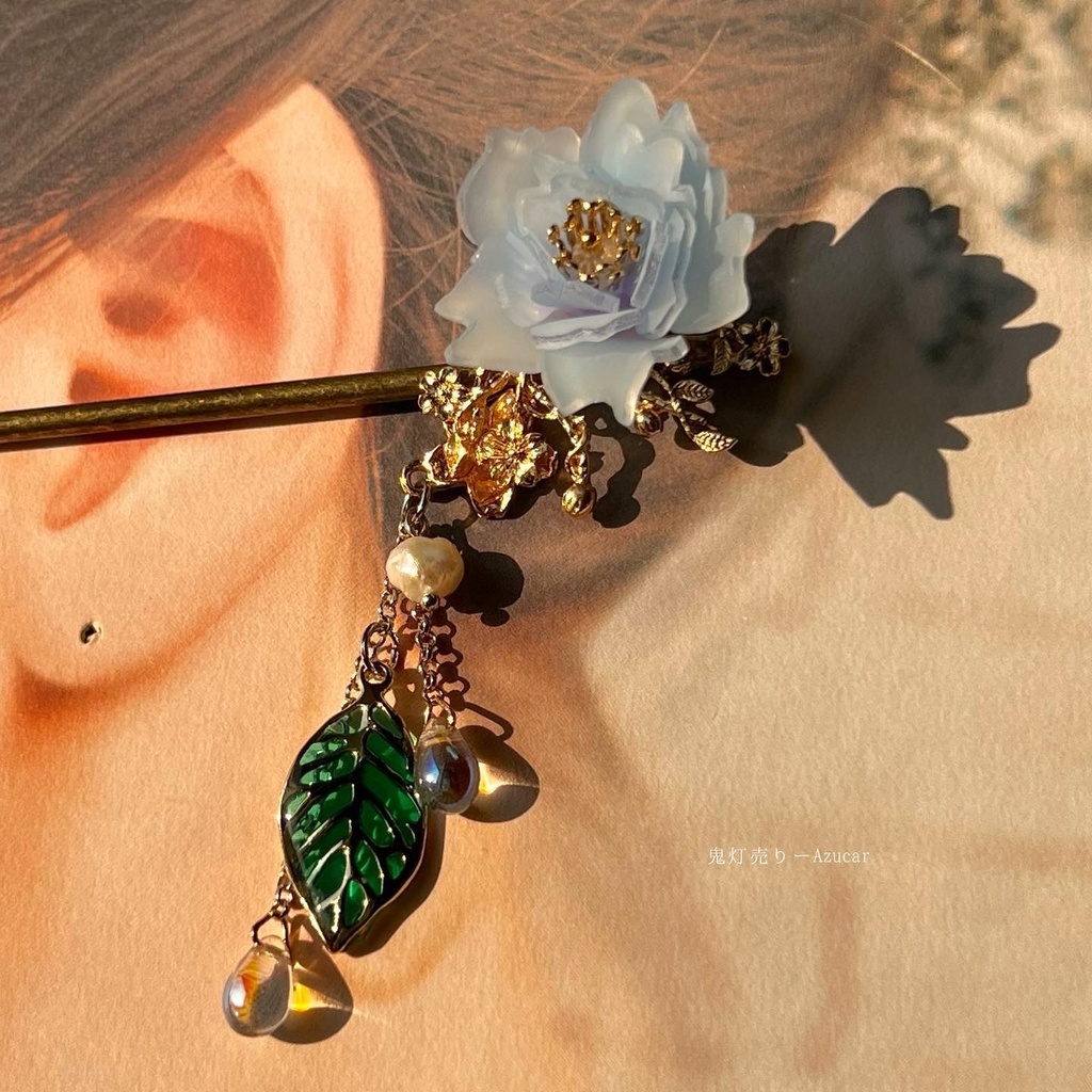 氷華の桜和風かんざし☆和装小物★着物、和服、浴衣、袴★葉っぱと淡水パール、雫付き