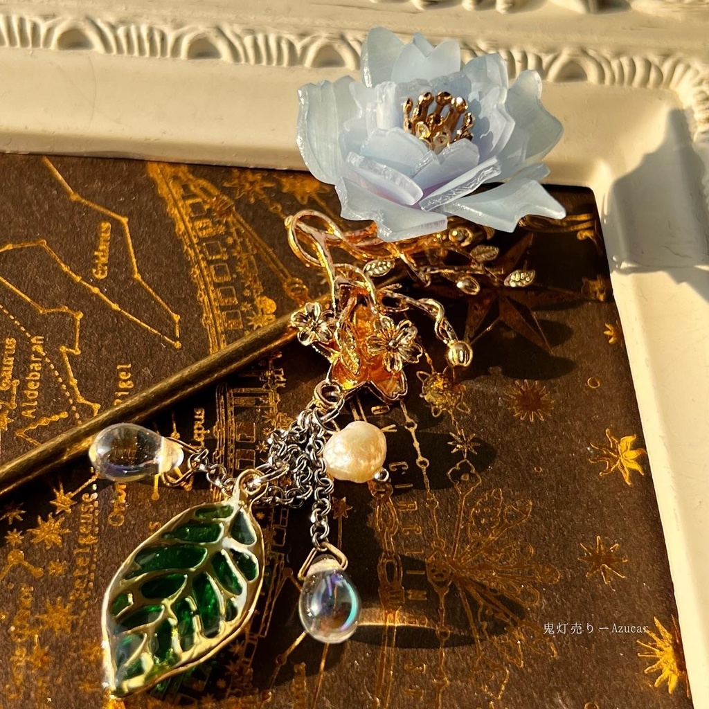 氷華の桜和風かんざし☆和装小物★着物、和服、浴衣、袴★葉っぱと淡水パール、雫付き