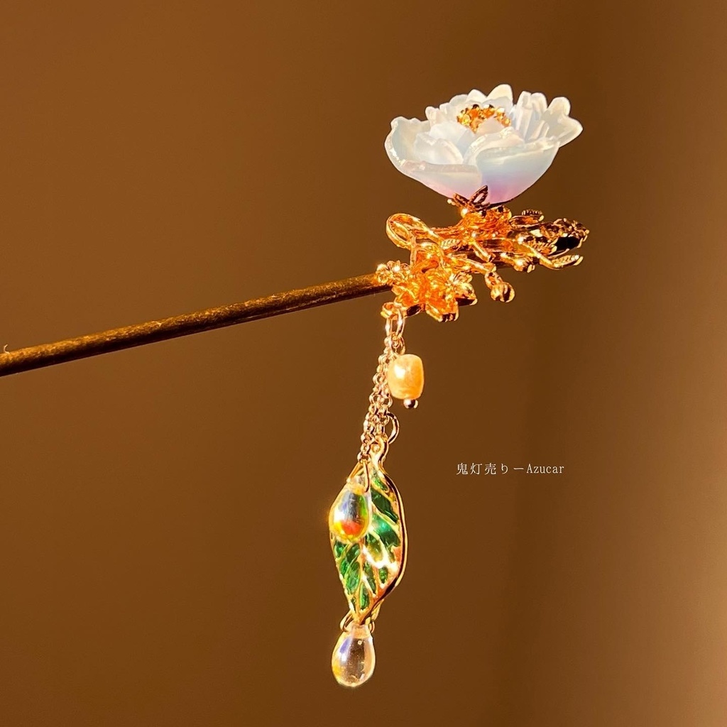 氷華の桜和風かんざし☆和装小物★着物、和服、浴衣、袴★葉っぱと淡水パール、雫付き