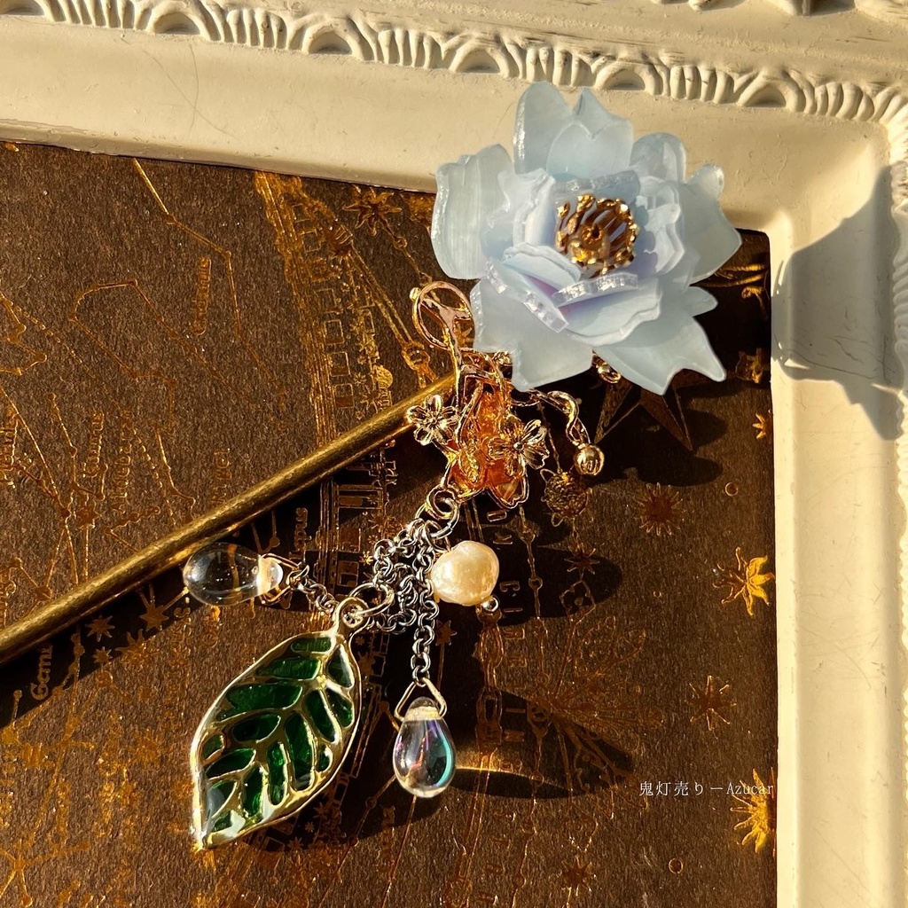 氷華の桜和風かんざし☆和装小物★着物、和服、浴衣、袴★葉っぱと淡水パール、雫付き