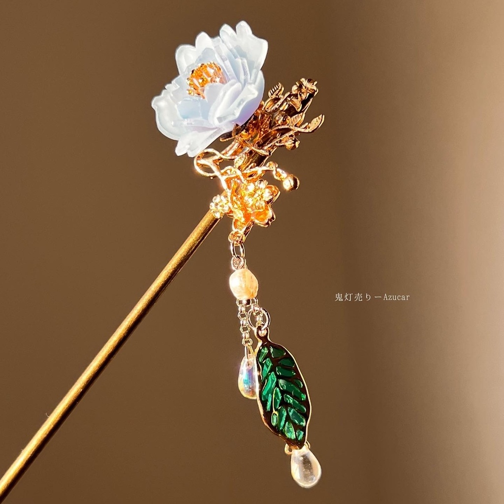 氷華の桜和風かんざし☆和装小物★着物、和服、浴衣、袴★葉っぱと淡水パール、雫付き