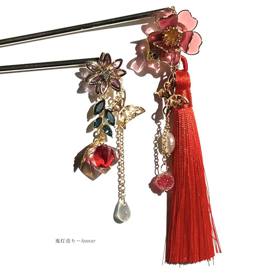 椿と鬼灯と蓮の和風かんざし(2本セット) 蝶々と淡水パール、ロングタッセル付き 着物や袴 成人式の和装小物にも★