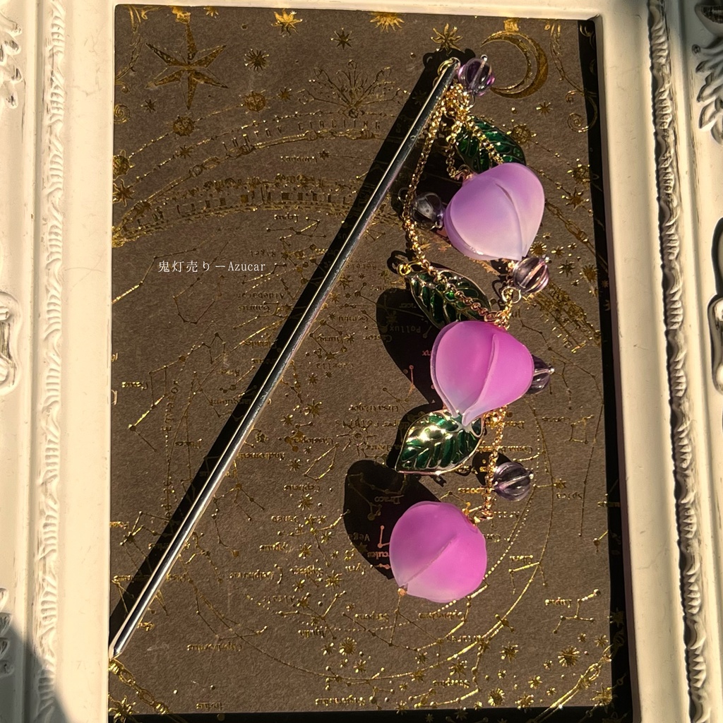 藤色の鬼灯一本和風かんざし☆ビーズ入り、音が鳴る和装小物★着物、浴衣、袴★