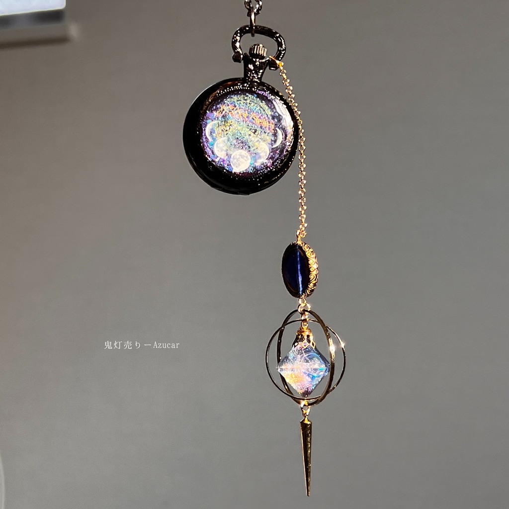 蓄光懐中時計のルナフラッシュ宇宙天球儀(オルゴナイト)付きの天体魔法使いの月の満ち欠け★ブラックテイスト★