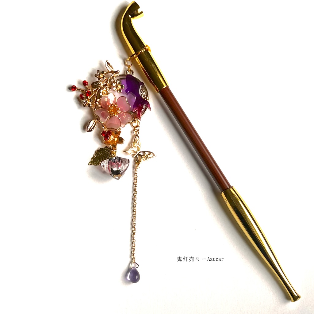 金魚と鬼灯の桜の煙管かんざし 和風簪 着物や浴衣、袴などセレモニー、成人式、イベントやコスプレ、ディスプレイなどにも☆(蓄光ホタルガラスversion)