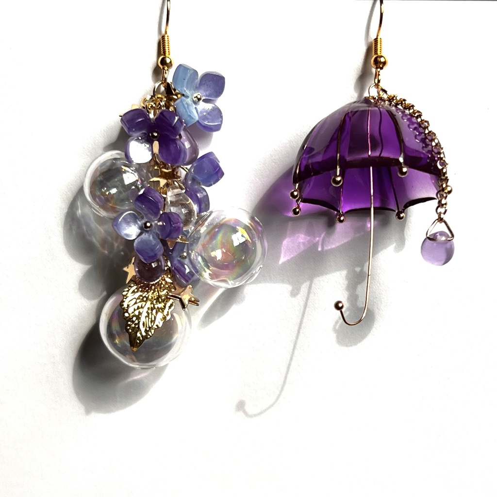 紫傘と紫陽花の和風ピアス イヤリング 傘レジンとアジサイとシャボン玉