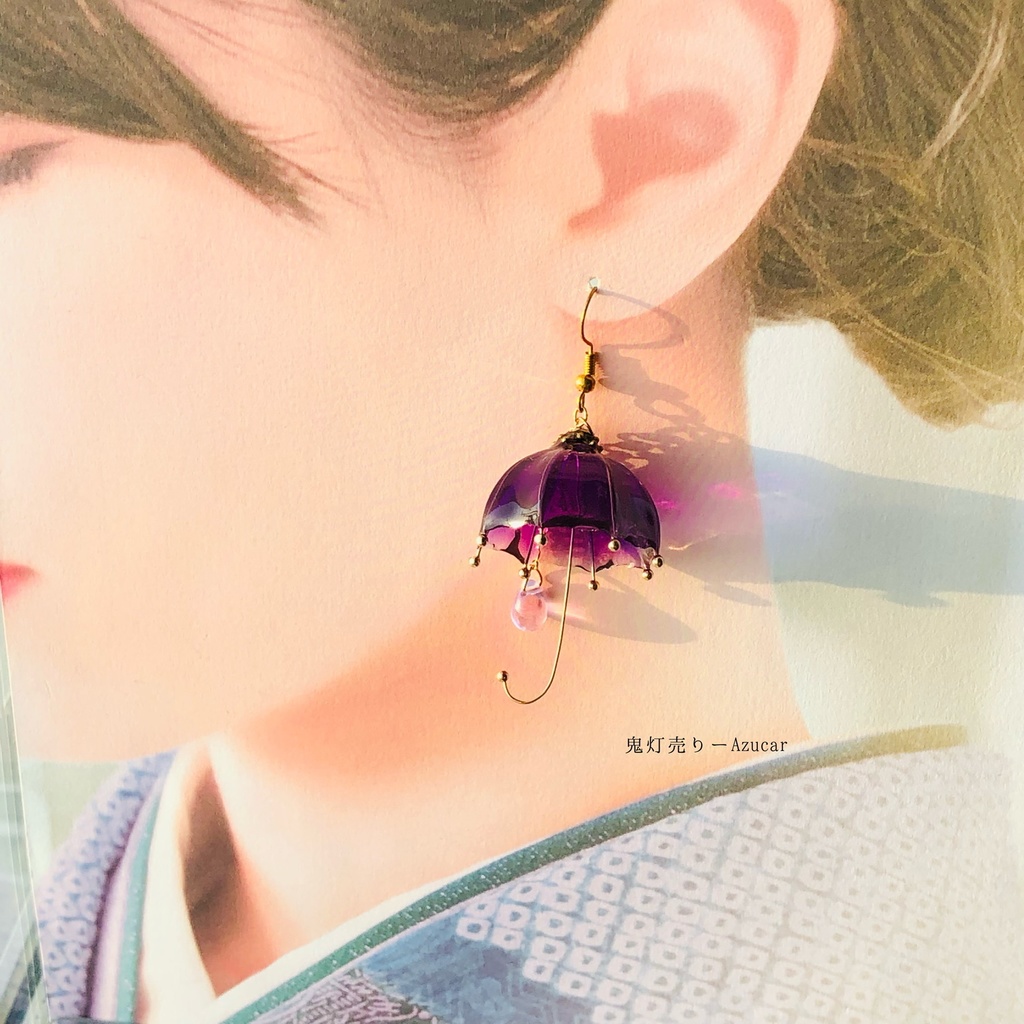 紫傘と紫陽花の和風ピアス イヤリング 傘レジンとアジサイとシャボン玉