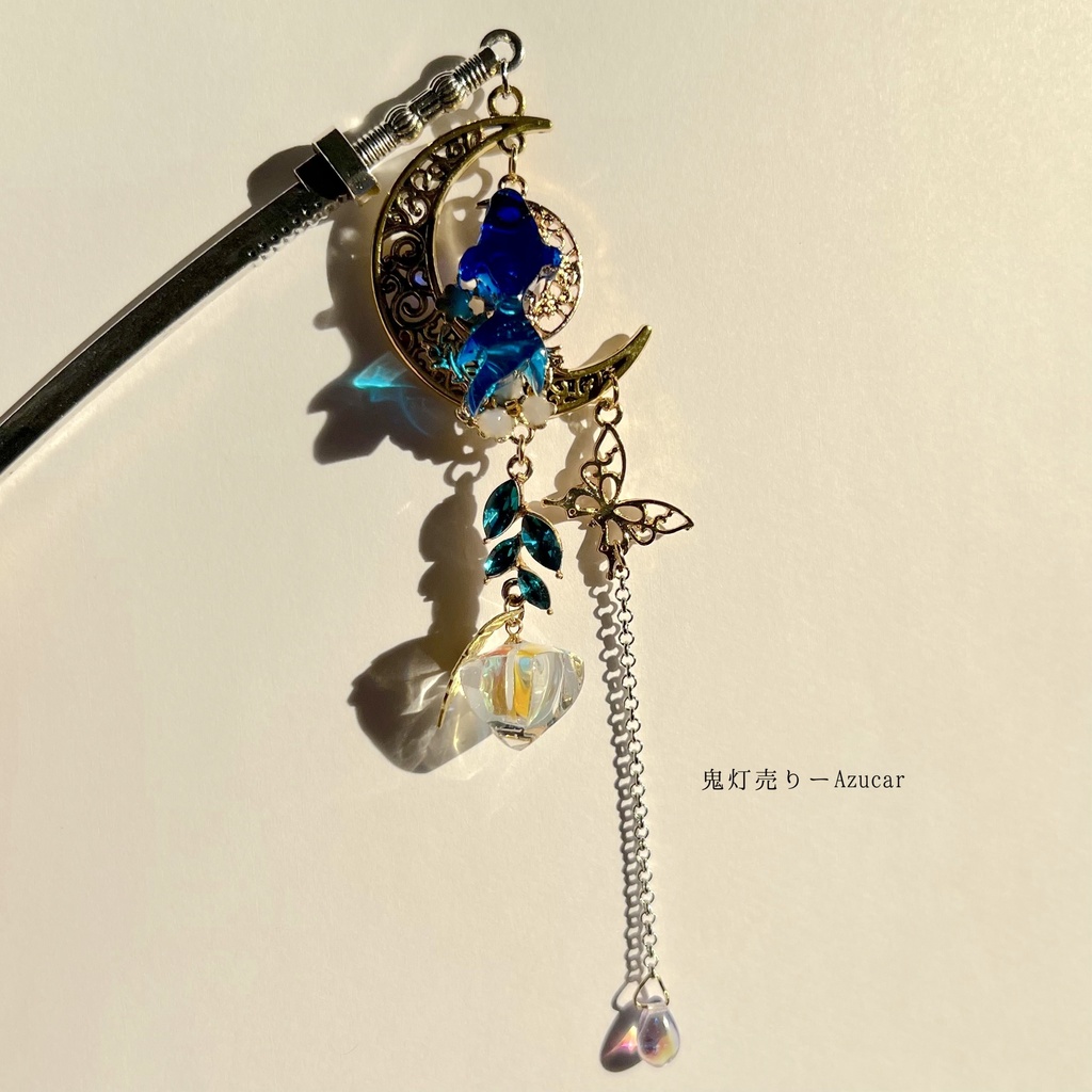 鬼灯と三日月泳ぐ金魚の刀和風かんざし 着物や浴衣、袴などセレモニー、成人式、イベントやコスプレ、ディスプレイなどにも☆