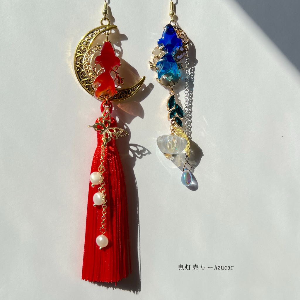 紅と蒼金魚と鬼灯の和風ピアス イヤリング 蝶々と淡水パール、ロングタッセル付き 着物や袴 成人式、入学式、卒業式の和装小物にも★