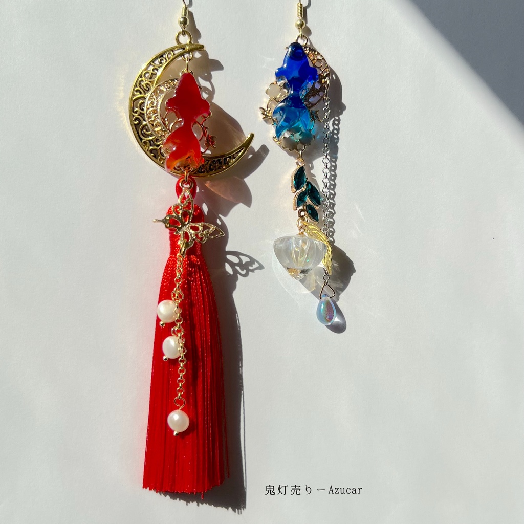 紅と蒼金魚と鬼灯の和風ピアス イヤリング 蝶々と淡水パール、ロングタッセル付き 着物や袴 成人式、入学式、卒業式の和装小物にも★