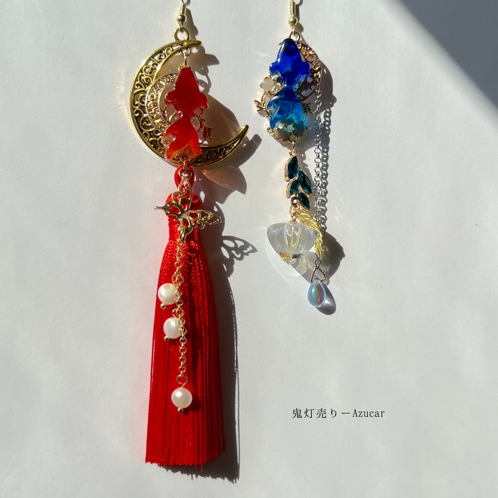 紅と蒼金魚と鬼灯の和風ピアス イヤリング 蝶々と淡水パール、ロングタッセル付き 着物や袴 成人式、入学式、卒業式の和装小物にも★