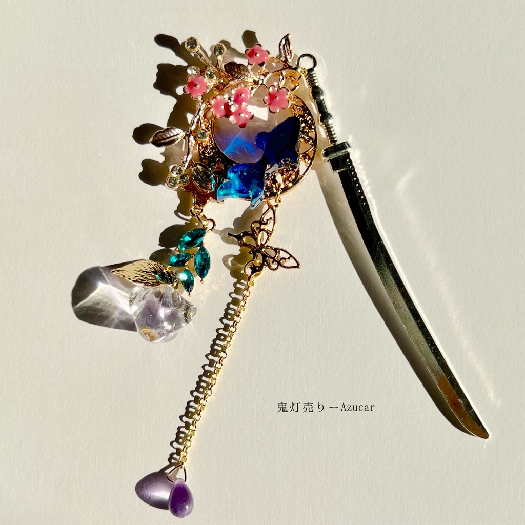 三日月の夜に泳ぐ金魚と鬼灯と勿忘草の刀和風かんざし 着物や浴衣、袴など