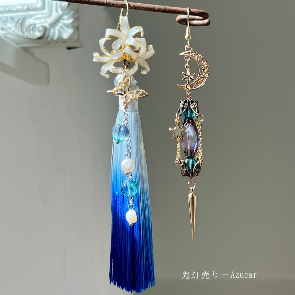 白彼岸花ピアス 三日月ランタン 和風スチームパンクアクセサリー