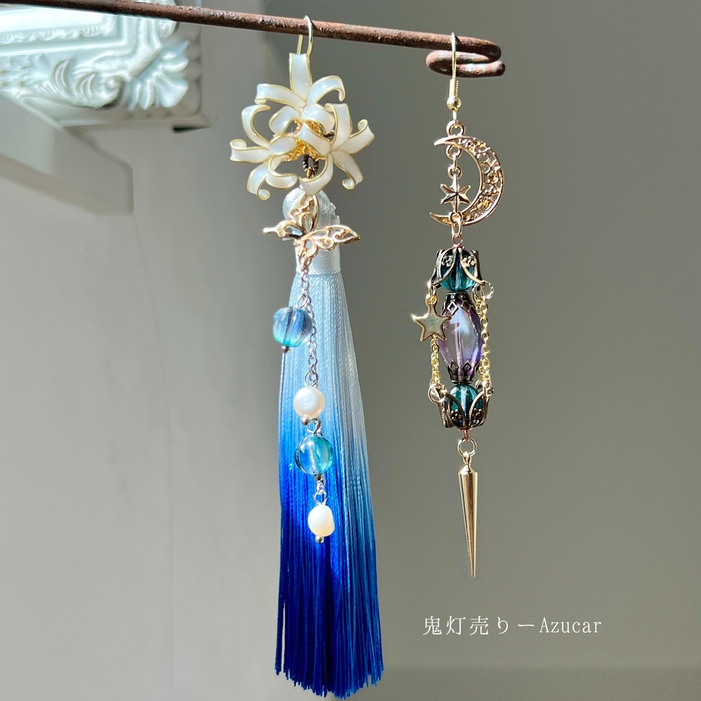 白彼岸花ピアス 三日月ランタン 和風スチームパンクアクセサリー