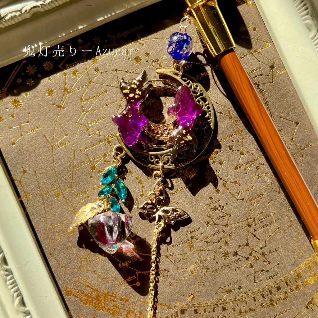 夜空色金魚と三日月の和風ハロウィンキセルかんざし*鬼灯と夜空の蓄光ビーズ