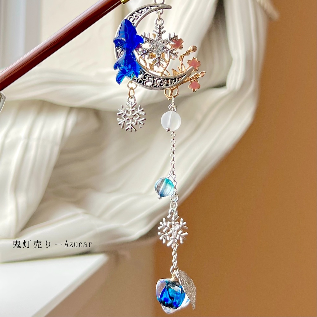 【冬限定】蒼の鬼灯と雪の結晶かんざし/三日月と金魚の幻想アクセサリー
