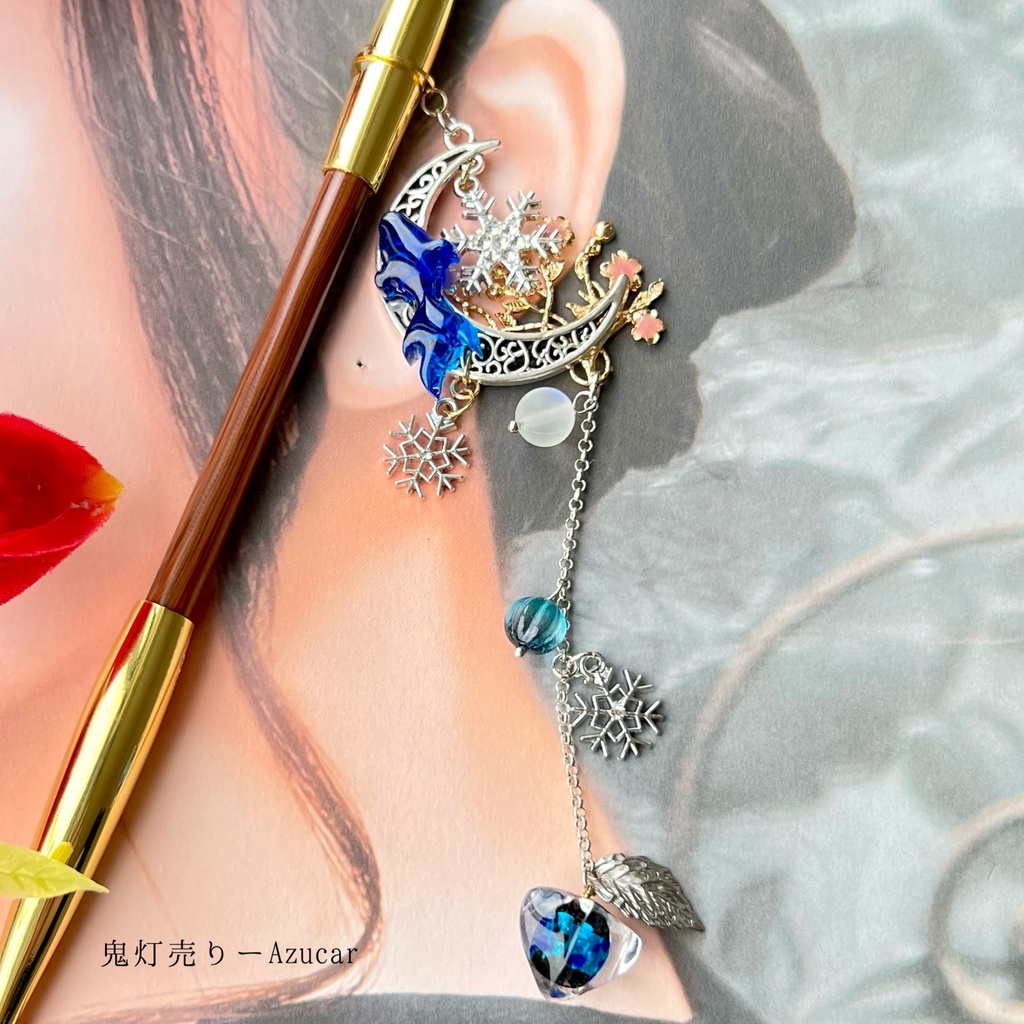 【冬限定】蒼の鬼灯と雪の結晶かんざし/三日月と金魚の幻想アクセサリー