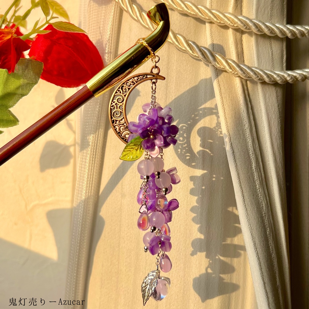 紫陽花と三日月のキセルかんざし|色変化雫と蓄光鬼灯|和装アクセサリー