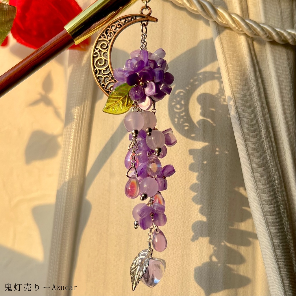紫陽花と三日月のキセルかんざし|色変化雫と蓄光鬼灯|和装アクセサリー