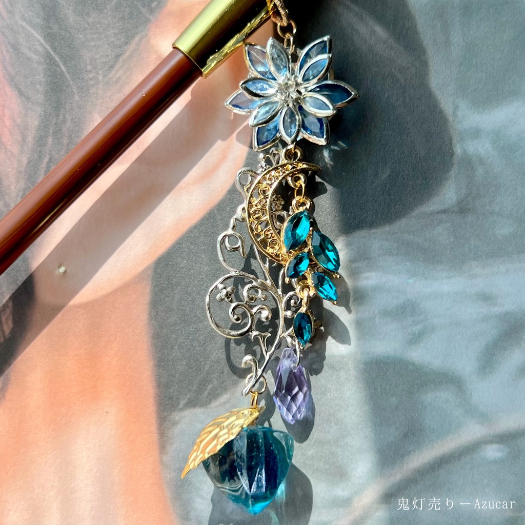 キセルかんざし 蓮×三日月×鬼灯 青系 レジン 和装小物 一本