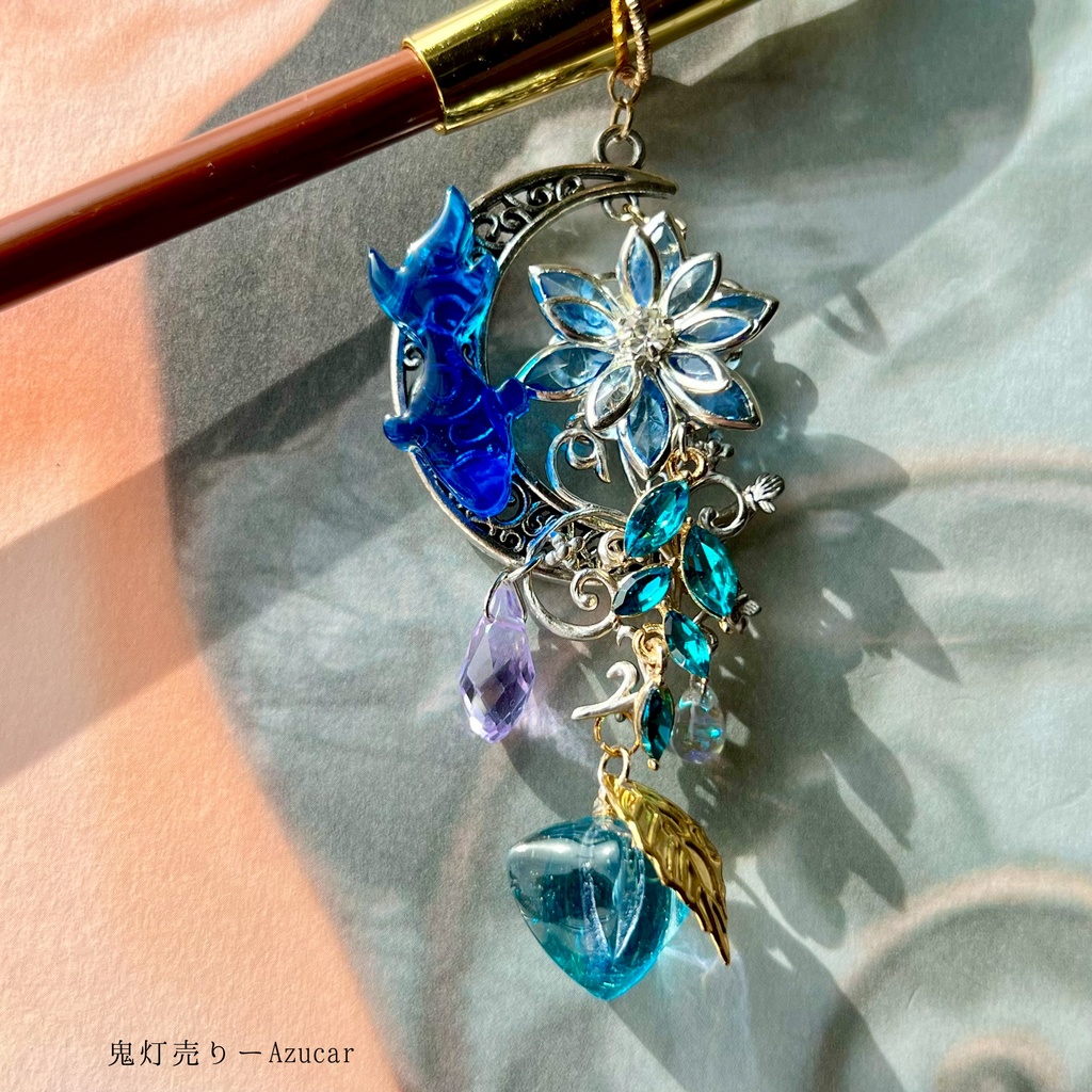 蒼の金魚かんざし 三日月 蓮 鬼灯 キセル レジン 約19.1cm