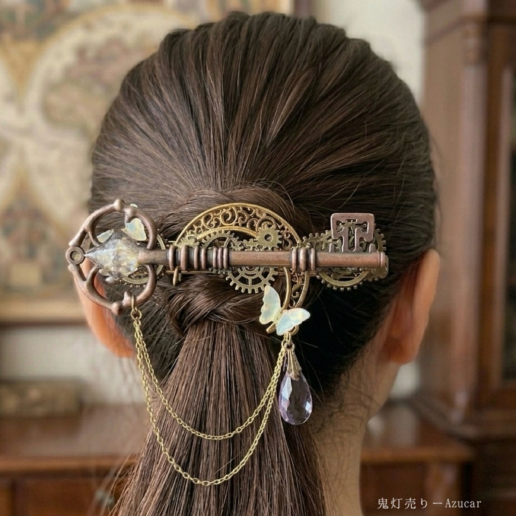 再販未定　スチームパンク 歯車×蝶のバレッタ カラーチェンジガラス 鍵モチーフ