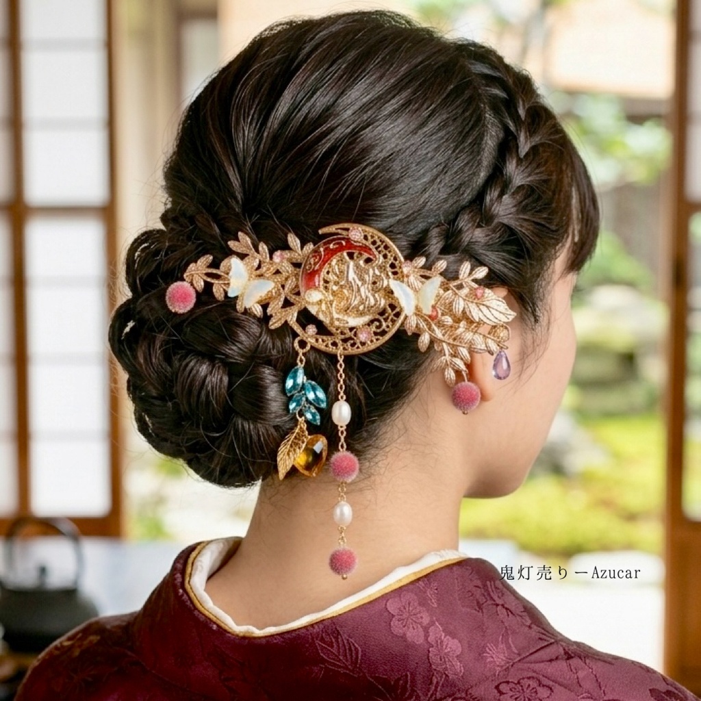 再販未定 鬼灯と九尾狐の和風バレッタ|彼岸花・縁結び・淡水パール