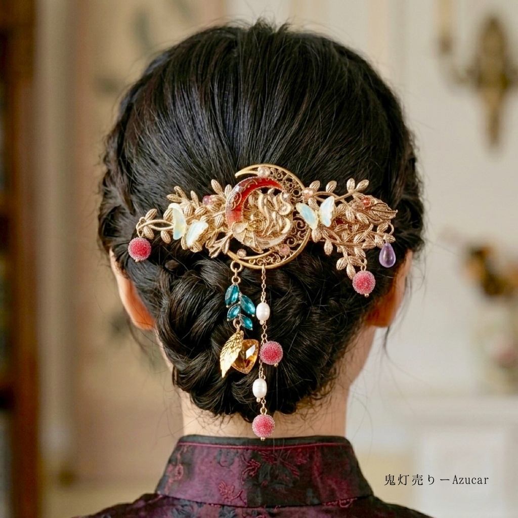 再販未定　鬼灯と九尾狐の和風バレッタ｜彼岸花・縁結び・淡水パール