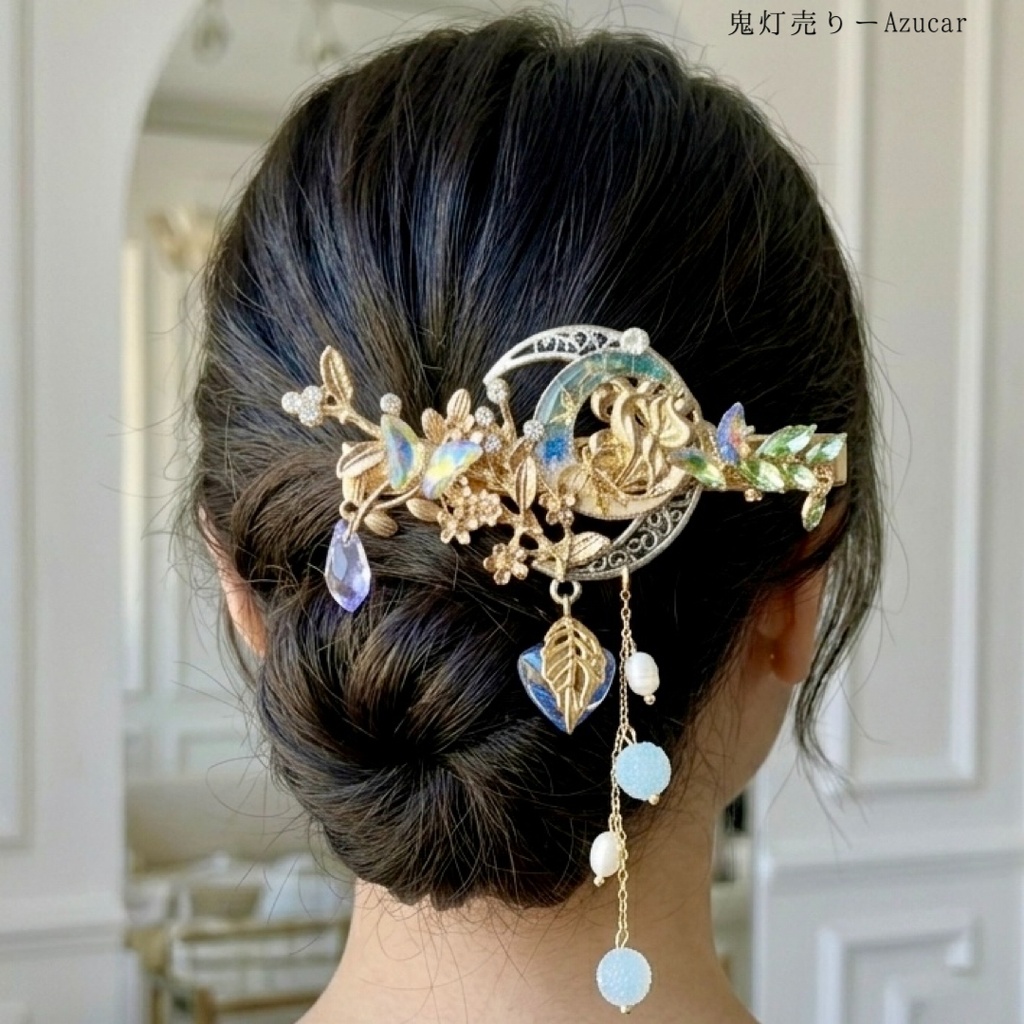 蒼彼岸花と九尾狐の幻想ヘアクリップ 蝶×蓄光ホタルガラス 和風バレッタ