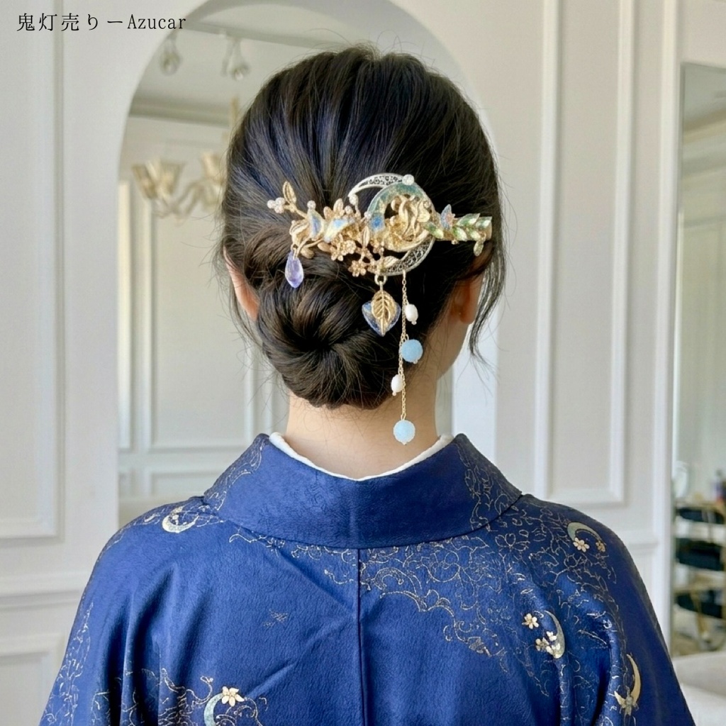 蒼彼岸花と九尾狐の幻想ヘアクリップ 蝶×蓄光ホタルガラス 和風バレッタ