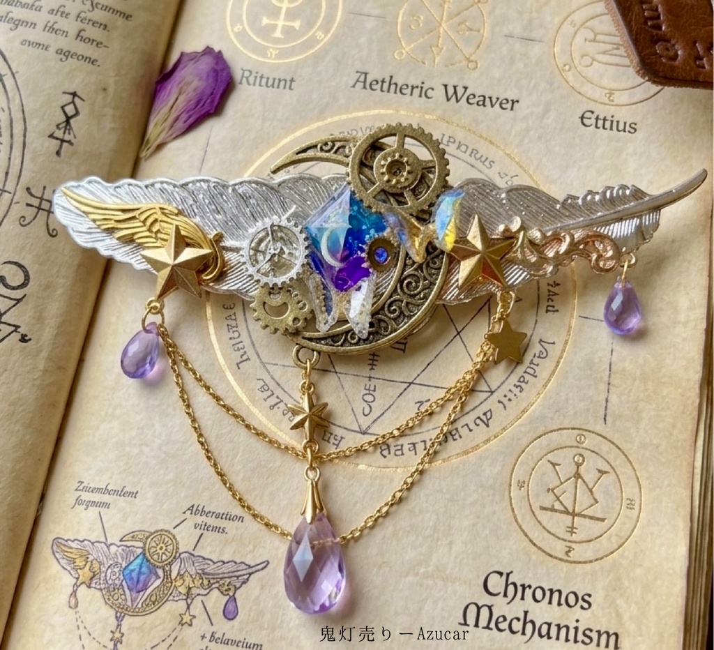 羽根×歯車 夜空クリスタルの幻想ヘアクリップ 三日月 星 スチームパンク