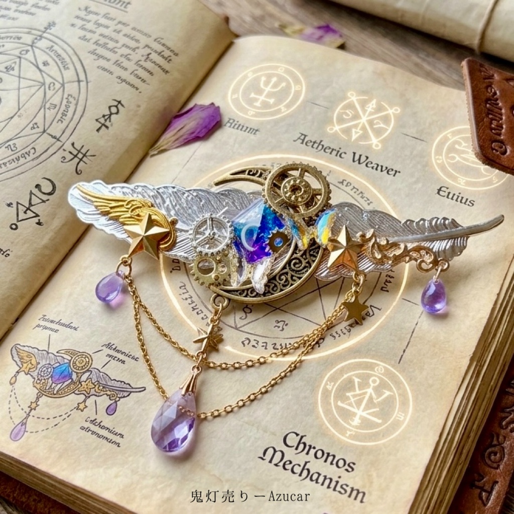 羽根×歯車 夜空クリスタルの幻想ヘアクリップ 三日月 星 スチームパンク