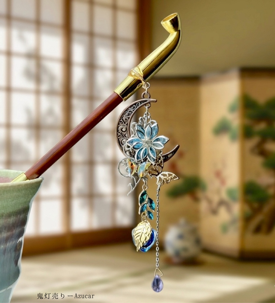 月夜鬼灯と蝶の幻想和風キセルかんざし 蓄光ホタルガラス