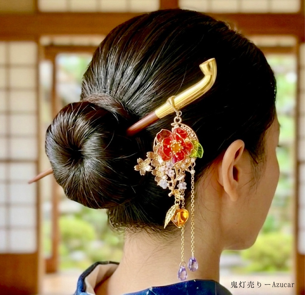 椿と鬼灯の和幻想煙管かんざし　月夜に咲く勿忘草　簪　浴衣　着物　和装小物