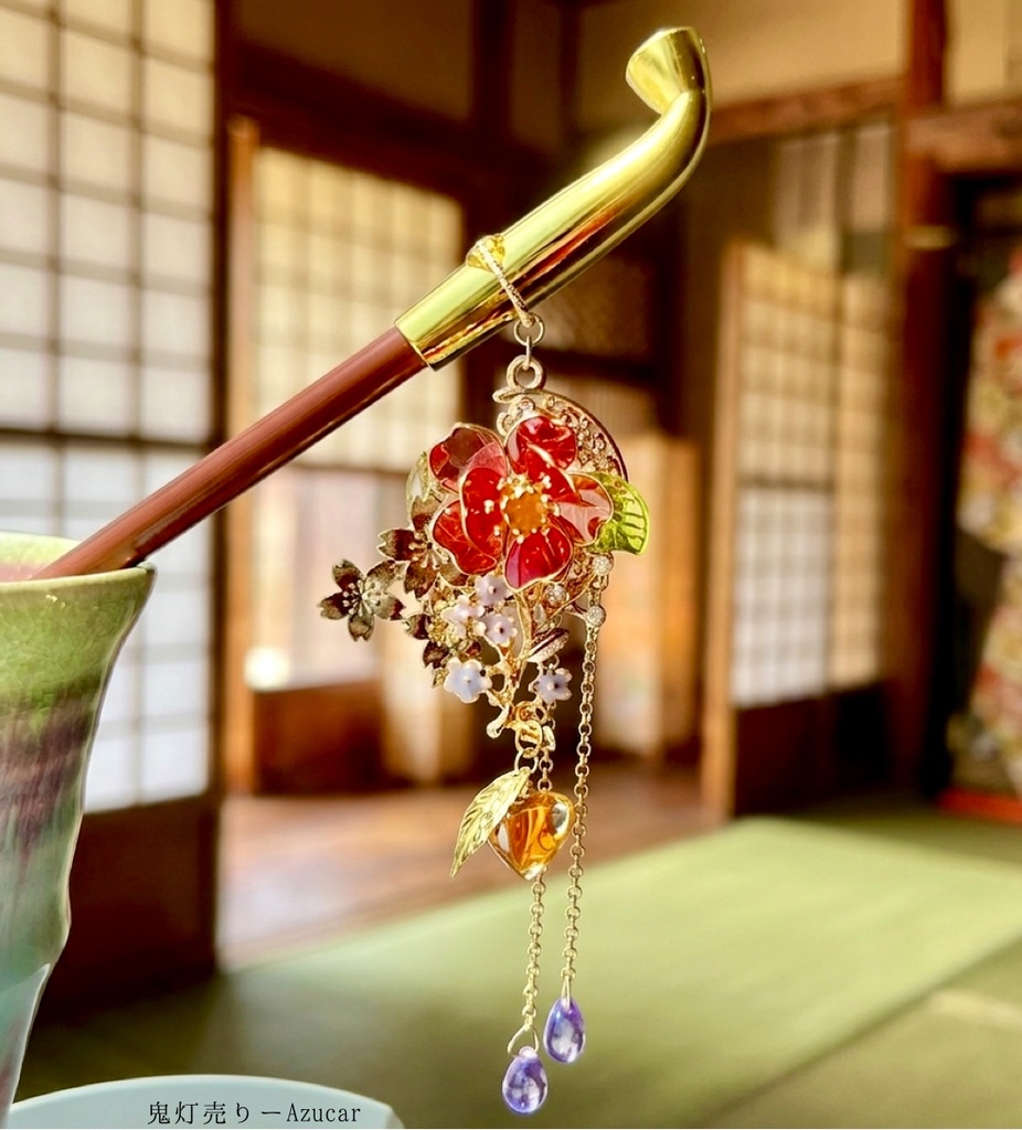 椿と鬼灯の和幻想煙管かんざし 月夜に咲く勿忘草 簪 浴衣 着物 和装小物