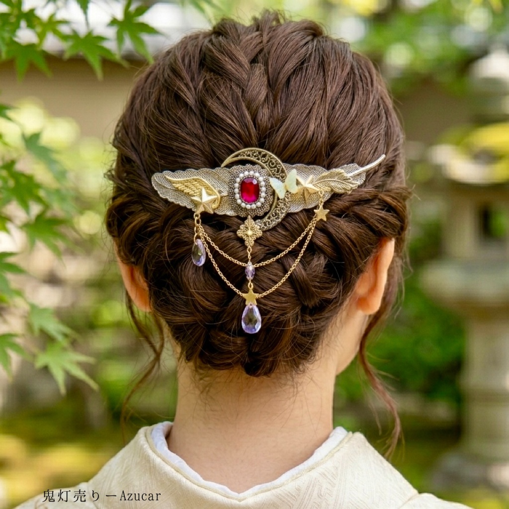 月の羽根と紅い流星の幻想ヘアクリップ 三日月×アンティークビジュー 色変化