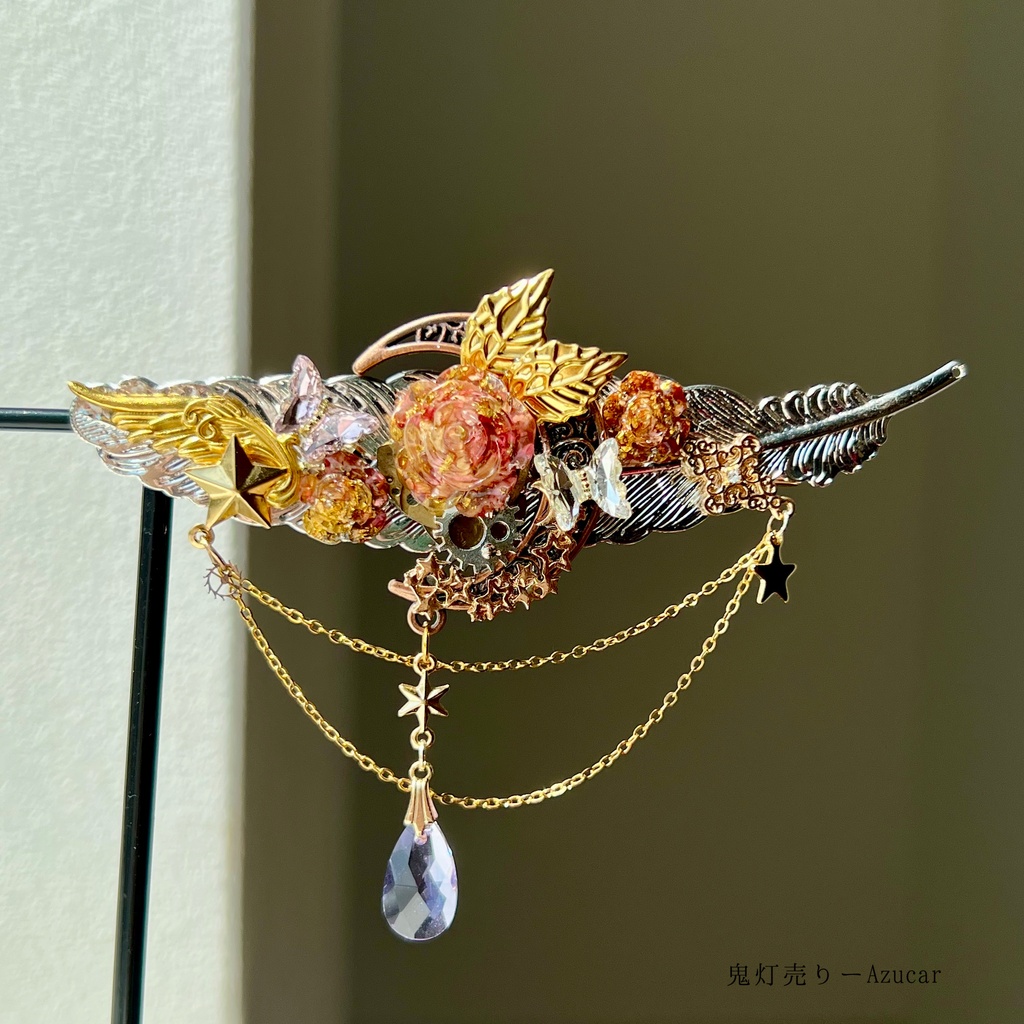 星の王子さまとドライフラワー赤薔薇の幻想羽根ヘアクリップ 流れ星と三日月