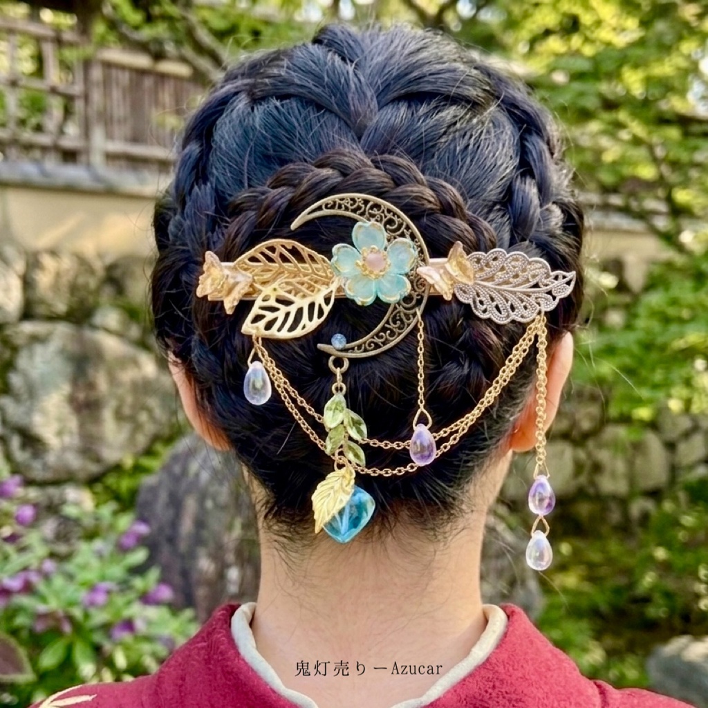 青桜と鬼灯の幻想ヘアクリップ 和風 蝶 桜 月 雫 ヘアアクセサリー