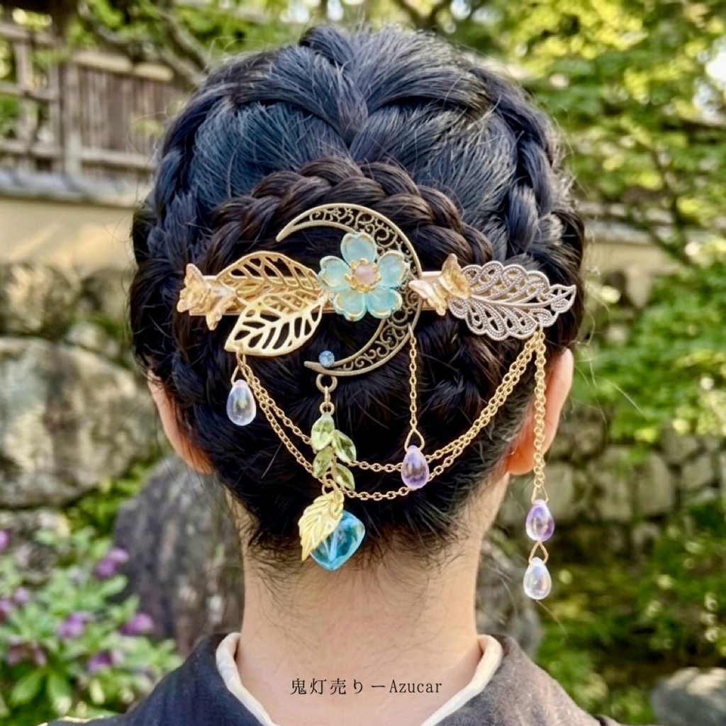 青桜と鬼灯の幻想ヘアクリップ 和風 蝶 桜 月 雫 ヘアアクセサリー