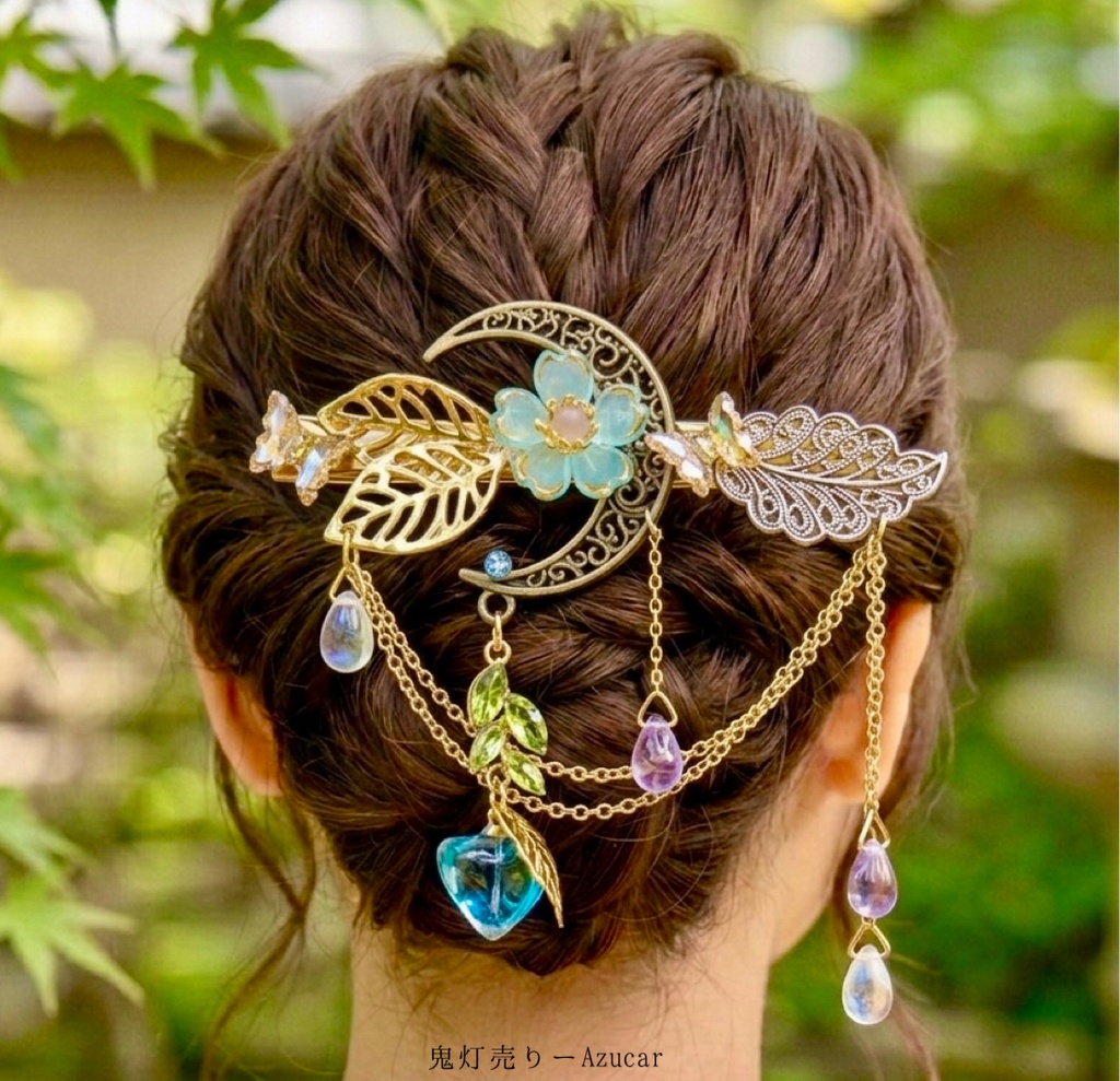 青桜と鬼灯の幻想ヘアクリップ 和風 蝶 桜 月 雫 ヘアアクセサリー