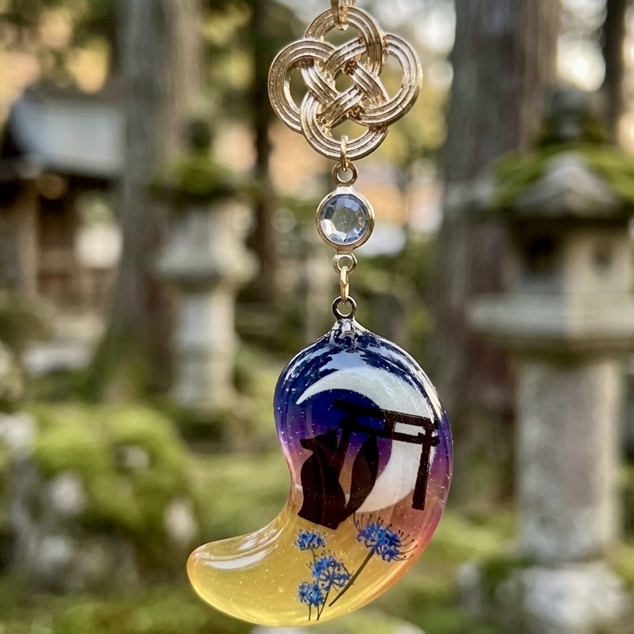 夕暮れに佇むお狐様と蓄光三日月の勾玉ネックレス｜蒼彼岸花・鳥居・和風レジン